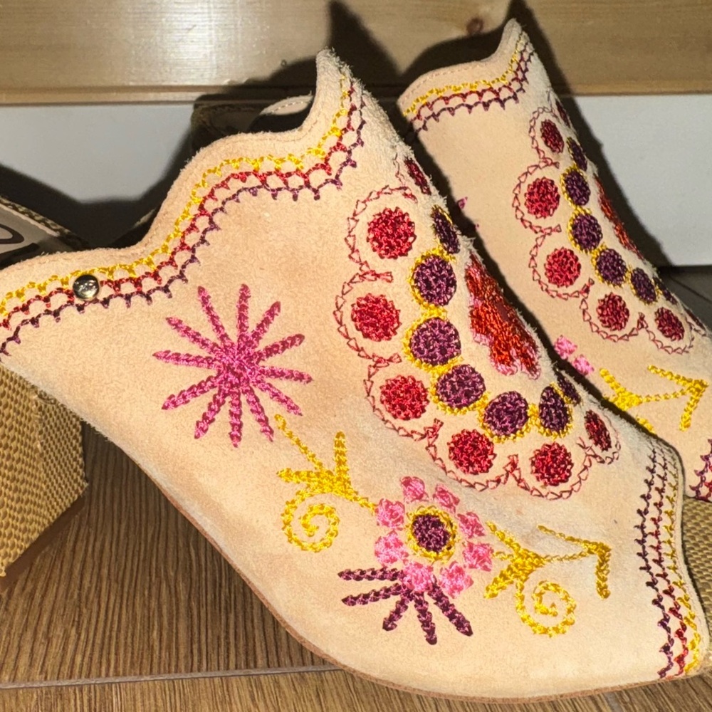 Sam Edelman Beige Suede Embroidered Mules with Pink, Purple & Yellow Accents